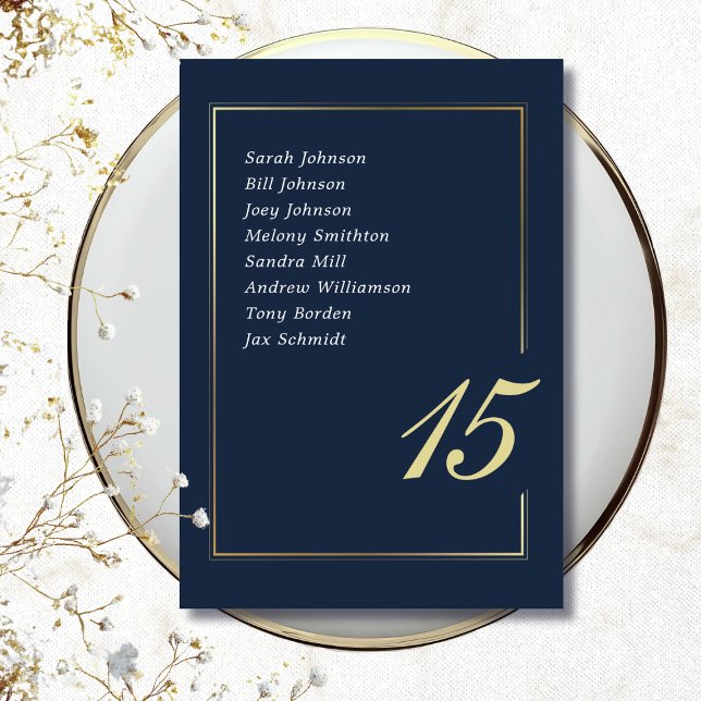 Numéro De Table Mariage Typographie Script Minimal Bordure Or Navy (Créateur téléchargé)