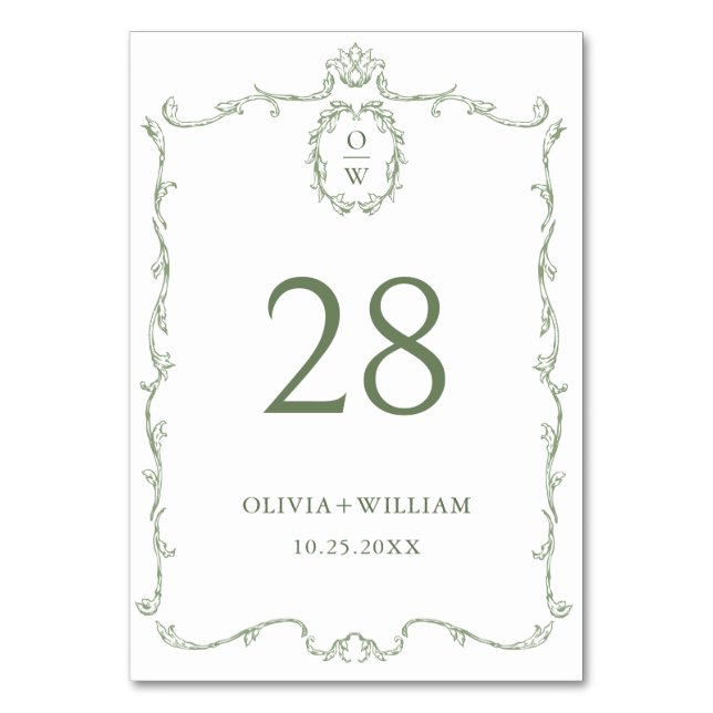 Numéro De Table Mariage vert de l'âge orné victorien Grace Floral (Par défaut)