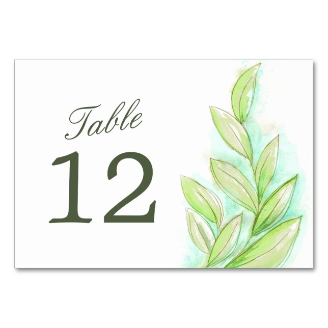 Numéro De Table Mariage vert feuilles d'aquarelle chiffres (Dos)
