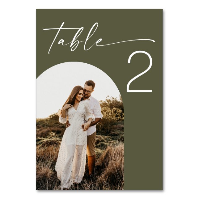Numéro De Table Mariage Vert Olive Assourdi | Photo Élégant Modern (Par défaut)