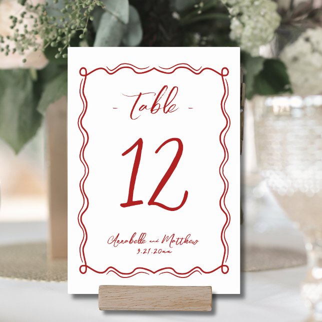 Numéro De Table Mariage Whimsical Rouge Quirky tiré à la main (Hand Drawn Quirky Red Whimsical Wedding Table Number )