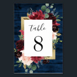 Numéro De Table Marine Bleu Bourgogne Blush or Russe Mariage<br><div class="desc">Le design comprend un arrière - plan en plinthe en bois bleu marine décoré d'une élégante couronne fleurie fleurie de pivoines roses, de la verdure d'eucalyptus et plus dans les tons bordeaux, rouge de Marsala, marron, rose roux, etc. Le design présente également une bordure imprimée couleur or sous la couronne...</div>