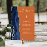 Numéro De Table Marine Blue Gold Agate Brûlé Orange Mariage<br><div class="desc">Le bord gauche de cette élégante carte de numéro de table mariage moderne comporte une bordure marine couleur aquarelle ornée d'une parties scintillant en faux or. Le mot "table" apparaît dans un script d'écriture manuscrite de couleur or sur un arrière - plan orange brûlé. Ajoutez les noms de vos invités...</div>