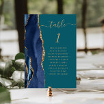 Numéro De Table Marine Blue Gold Agate Mariage Turquoise<br><div class="desc">Le bord gauche de cette élégante carte de numéro de table mariage moderne comporte une bordure marine couleur aquarelle ornée d'une parties scintillant en faux or. Le mot "table" apparaît dans un script d'écriture manuscrite de couleur or sur un arrière - plan bleu turquoise. Ajoutez les noms de vos invités...</div>