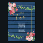 Numéro De Table Marine Blue Wood Vintage rose Roses et Mariage or<br><div class="desc">Un design magnifique avec arrière - plan de texture de grain bleu marine, roses vintages aux tons rose vif et bordeaux, verdure pendante encadrée d'un cadre doré élégant. Une carte de table mariage de style champêtre avec du bois fleuri et rustique, des accents dorés, idéal pour les mariages à thème....</div>