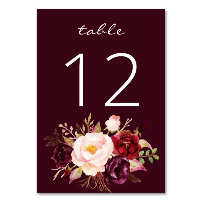 Numéro De Table Marsala de Bourgogne et floral rose (Dos)