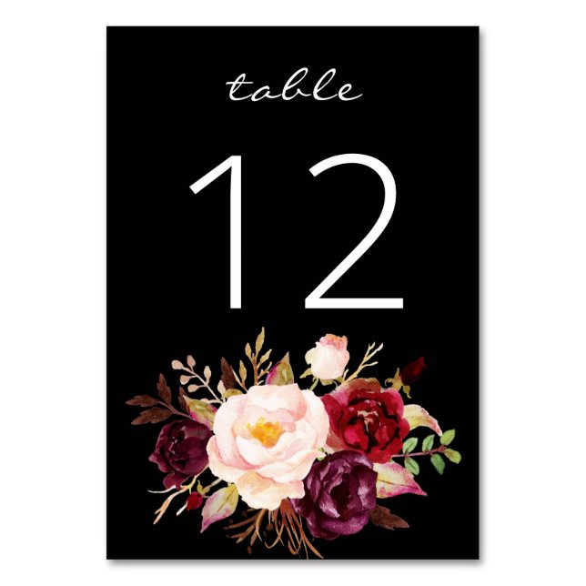 Numéro De Table Marsala de Bourgogne et Floral rose 3- Noir (Dos)