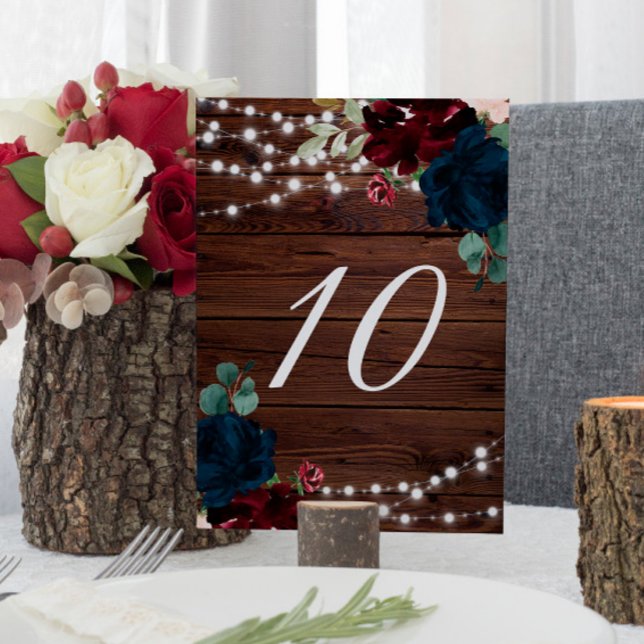 Numéro De Table Marsala & Navy Floral Rustic Wood 10 Numéros de ta (Créateur téléchargé)