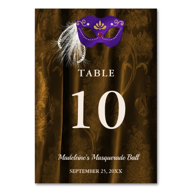 Numéro De Table Mascarade Royale Pourpre Or Damassé Double Face (Par défaut)