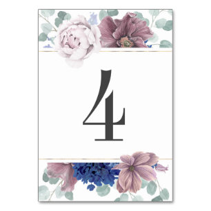 Numéro De Table Mauve et Marine Blue Floral Mariage Numéro de tabl