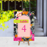 Numéro De Table Maximaliste moderne Mariage floral marbré<br><div class="desc">Arche rose clair sur orange rose et pêche floral moderne avec design marbrée foncé. texte "table" en rose chaud sur la barre jaune néon. Le nombre est rose-chaud.</div>