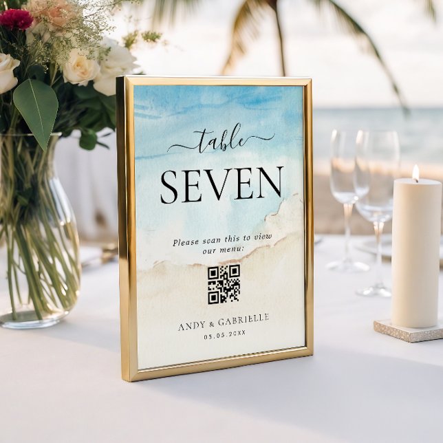 Numéro De Table Menu de mariage avec code QR de plage tropicale nu (Créateur téléchargé)