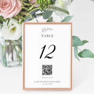 Numéro De Table Menu QR Code Mariage Minimaliste Élégant Noir Blan