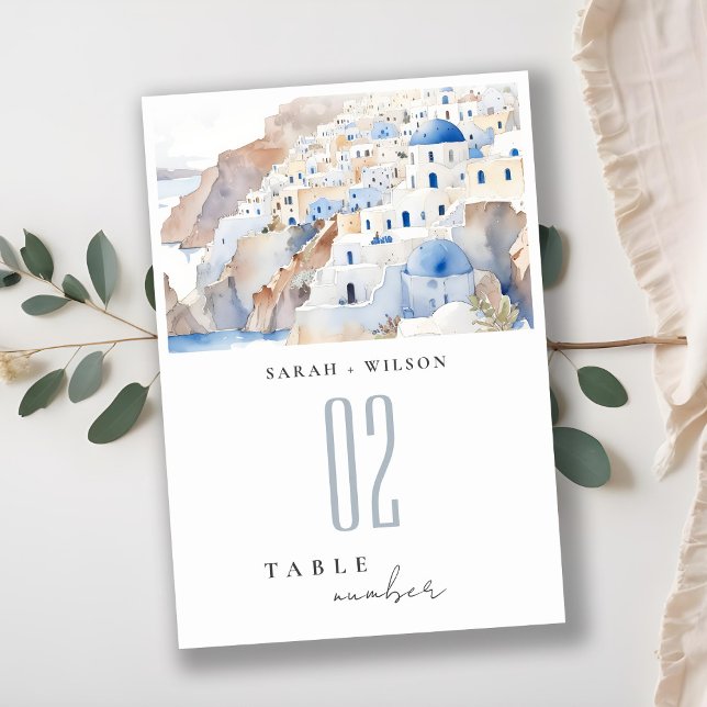 Numéro De Table Minimal chic Santorini Grèce Mariage aquarelle (Créateur téléchargé)