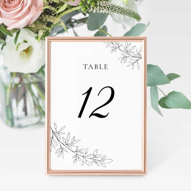 Numéro De Table Minimalist Botanical Wedding Black White Elegant (Créateur téléchargé)