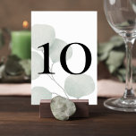 Numéro De Table Minimalist Greenery Wedding Table Number Card<br><div class="desc">Help guests easily find their tables while enhancing your reception decor with these elegant minimalist greenery wedding table number cards. Featuring soft botanical eucalyptus-style leaves and bold modern typography, this design blends natural beauty with clean contemporary style. The large table number stands prominently over a subtle botanical background, creating a...</div>