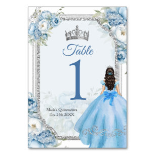 Numéro De Table Mis Quince Bleu Floral Argent Couronne Quinceañera