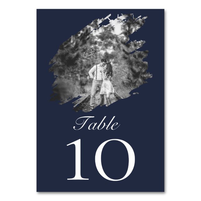 Numéro De Table Modern Brushstroke Photo Wedding | Navy Blue (Par défaut)