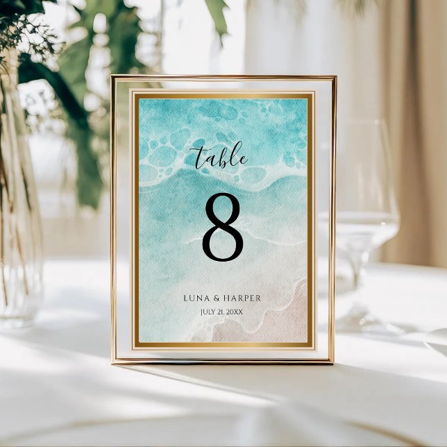 Numéro De Table Modern Ocean Tide Watercolor Beach Wedding (Créateur téléchargé)
