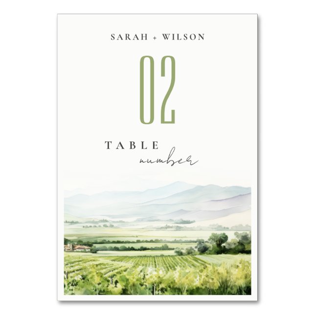 Numéro De Table Moderne Chic Aquarelle Vignoble Paysage Mariage (Par défaut)