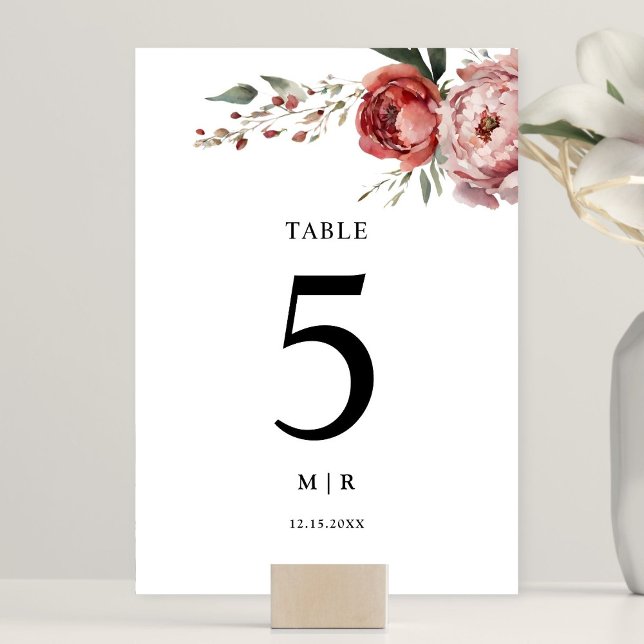 Numéro De Table Moderne Rustique Bourgogne Blush Floral Mariage (Créateur téléchargé)