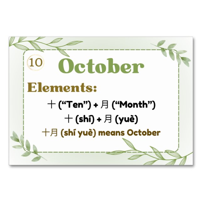 Numéro De Table Mois en chinois (cartes Flash) (Devant)