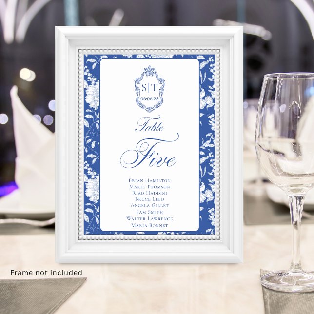 Numéro De Table Monogram Blue Floral Script Five 8 Names (Créateur téléchargé)