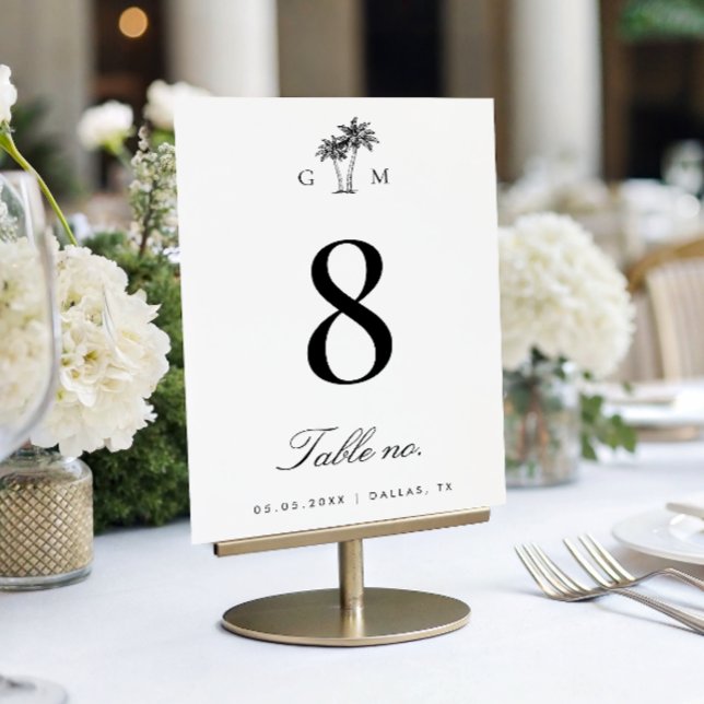 Numéro De Table Monogramme au palmier Élégant mariage à la plage (Créateur téléchargé)