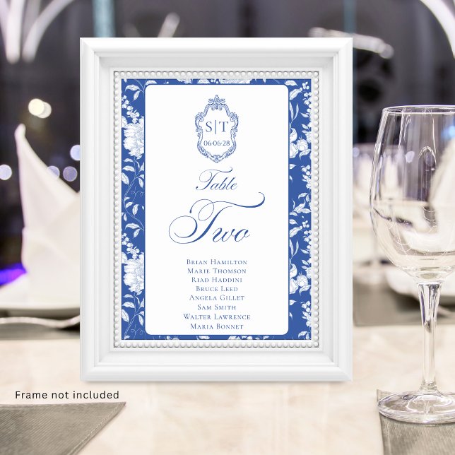 Numéro De Table Monogramme Bleu Floral Script Deux 8 Noms (Créateur téléchargé)