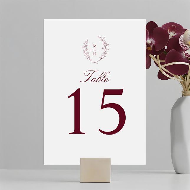 Numéro De Table Monogramme Botanique Élégant Mariage Bordeaux (Créateur téléchargé)