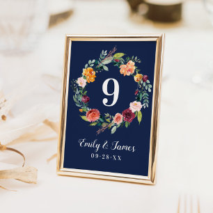 Numéro De Table Monogramme de mariage floral automnal bordeaux rus