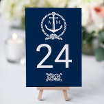 Numéro De Table Monogramme du Mariage d'Ancre bleu marine<br><div class="desc">Chaque carte de numéro de table doit être customisée via "Personnalisez-la" et ajoutée individuellement au panier. La carte de numéro de table bleu marine,  gris clair et blanc sur le thème nautique comprend un monogramme d'ancre et des détails de corde et un motif à bandes horizontales à l'arrière.</div>