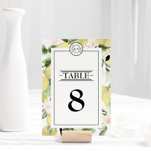 Numéro De Table Monogramme floral citron Mariage blanc
