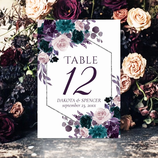 Numéro De Table Moody Boho | Eggplant Purple et Turquoise Rose Gar (Créateur téléchargé)