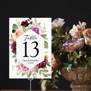 Numéro De Table Moody & Rustic Bourgogne aquarelle Cadre Floral