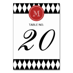 Numéro De Table Motif Arlequin blanc noir, Monogramme rouge