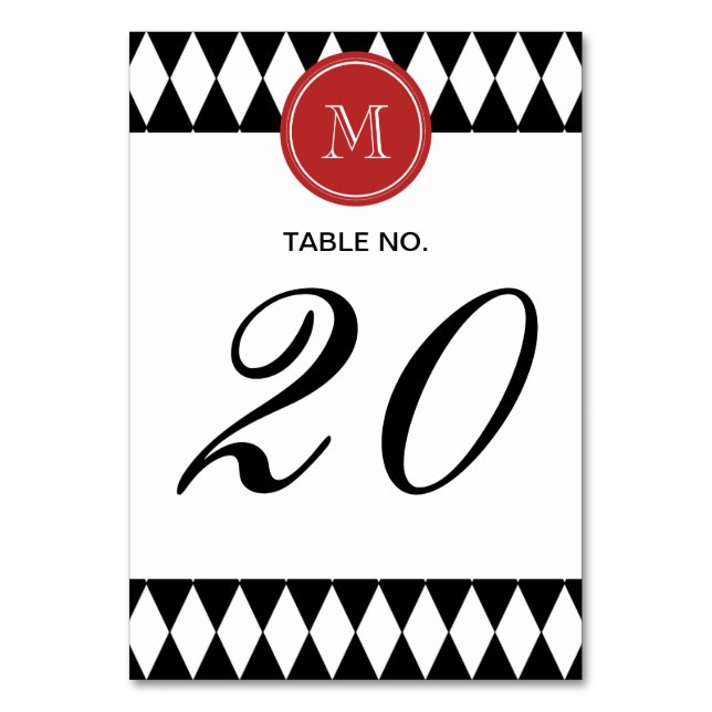 Numéro De Table Motif Arlequin blanc noir, Monogramme rouge (Dos)