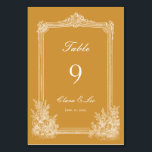 Numéro De Table Mustard Yellow Vintage Ornate Frame Wedding<br><div class="desc">Elevate your wedding reception with this warm and elegant mustard yellow vintage ornate frame wedding table number, featuring a delicate white line-art botanical border, a sophisticated decorative frame, and customizable details to match your special day. This timeless design blends classic wedding elegance with a touch of French country charm, making...</div>