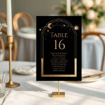 Numéro De Table Mystic Chic Black Gold Sun Moon Stars Mariage<br><div class="desc">Mystical Black Gold Sun Moon Astronomy Numéros de table Mariage Avec des noms d'invités dispose d'un cadre de soleil, de lune et d'étoiles en or sur un arrière - plan noir. À l'intérieur, vous trouverez votre numéro de table avec les noms des invités. Personnalisez en modifiant le texte dans les...</div>