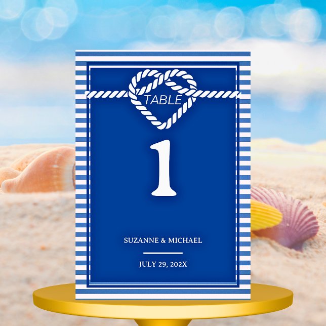 Numéro De Table Nautical Navy Blue Tying Knot Stripes Mariage  (Nautical Navy Blue Tying Knot Stripes Wedding Table Number)