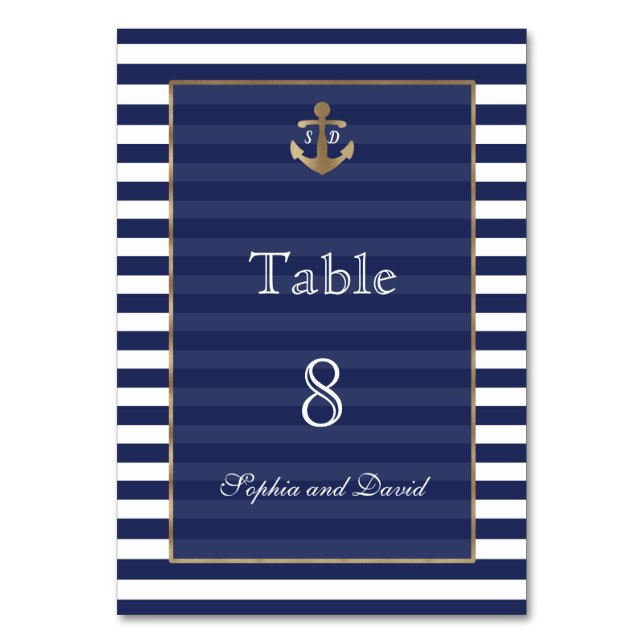 Numéro De Table Nautical Navy Stripes Gold WeddingNuméro de tablea (Par défaut)