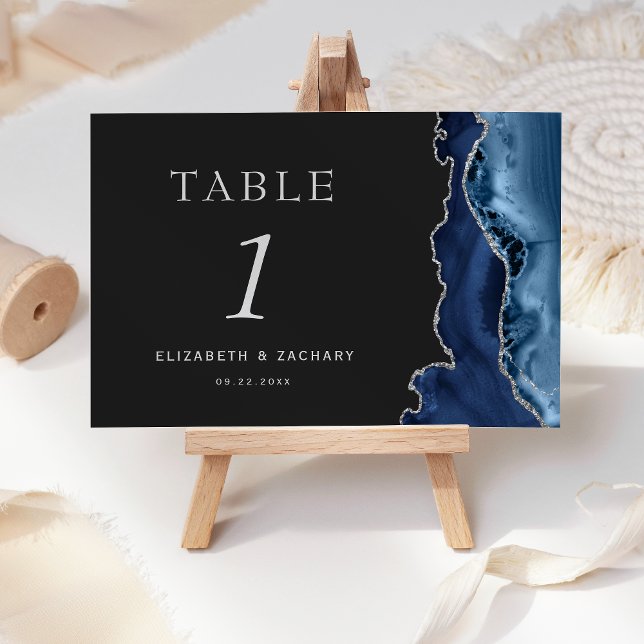 Numéro De Table Navy Blue Agate Argent Ardoise Noir Mariage (Créateur téléchargé)