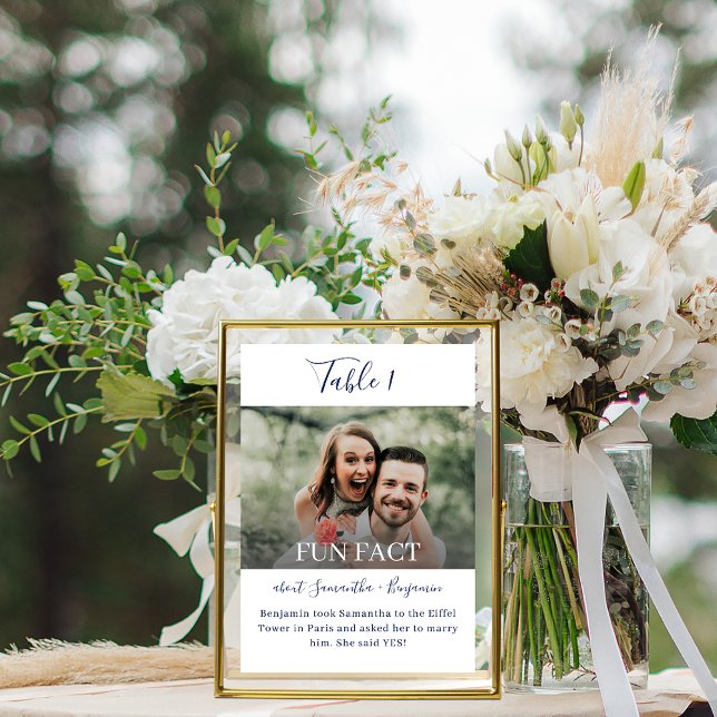 Numéro De Table Navy Blue Elegant Script Fun Facts Photo Mariage (Créateur téléchargé)