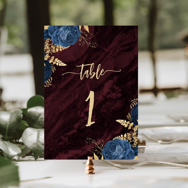 Numéro De Table Navy Blue Gold Floral Burgundy Wedding (Créateur téléchargé)