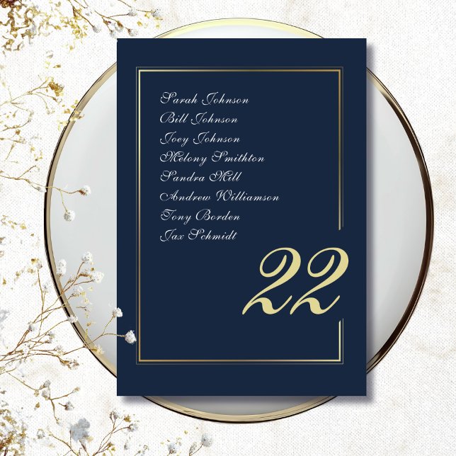 Numéro De Table Navy Gold Minimal Script Calligraphy Wedding (Créateur téléchargé)