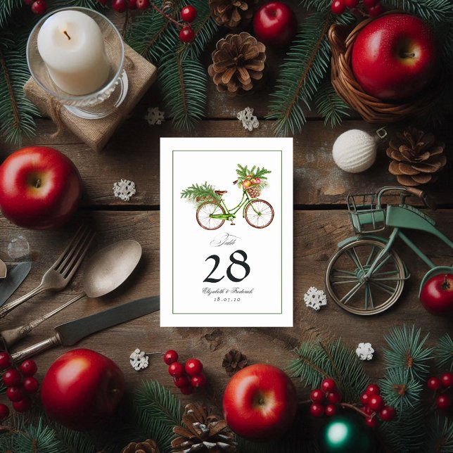 Numéro De Table Noël Pommes et pins Vélo Mariage d'hiver (Christmas Apples and Pines Bicycle Winter Wedding Table Number Cards)