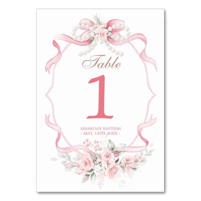 Numéro De Table Nœud Ruban Rose Pâle Perle Floral Baptême Table (Par défaut)