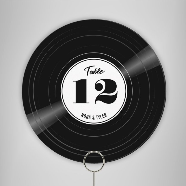 Numéro de table noir blanc noir de l'enregistremen (Round personalized vinyl record table number with white label and black text)