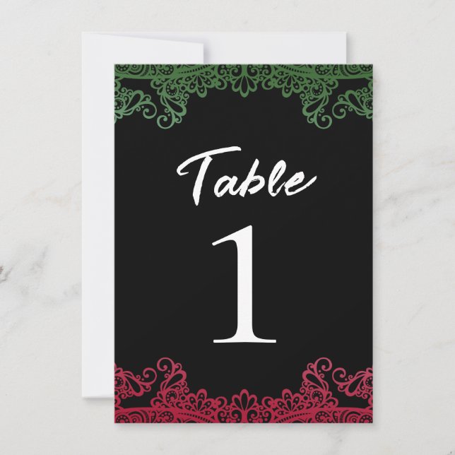 Numéro de table noir élégant avec dentelle verte e (Devant)