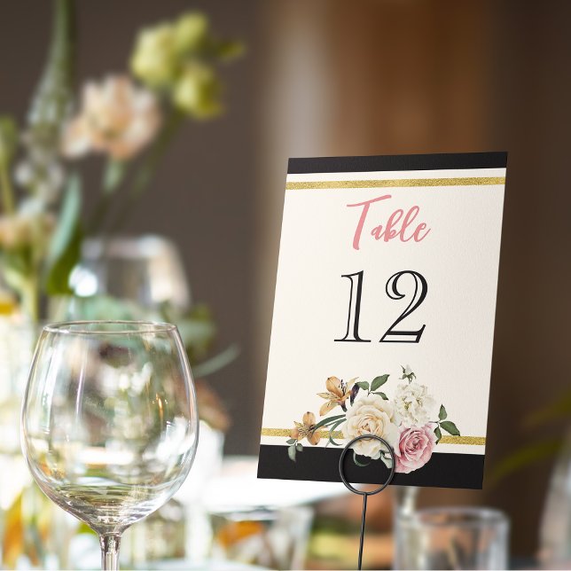 Numéro De Table Noir, ivoire, or Fête des mariées florale (Black, gold, ivory floral wedding table number card. )